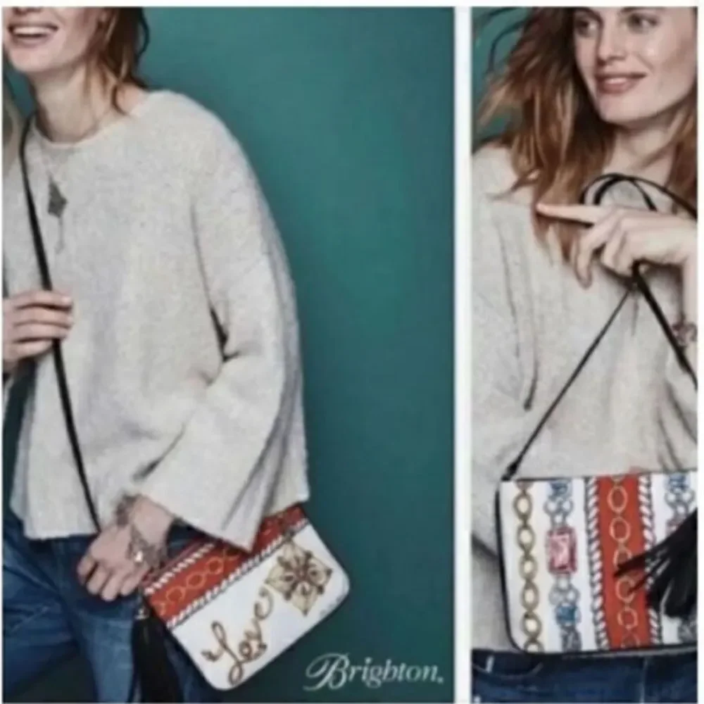 Brighton Women’s Small Crossbody Glitter and Go Pouch White Red with Tassel - Picture 4 of 16